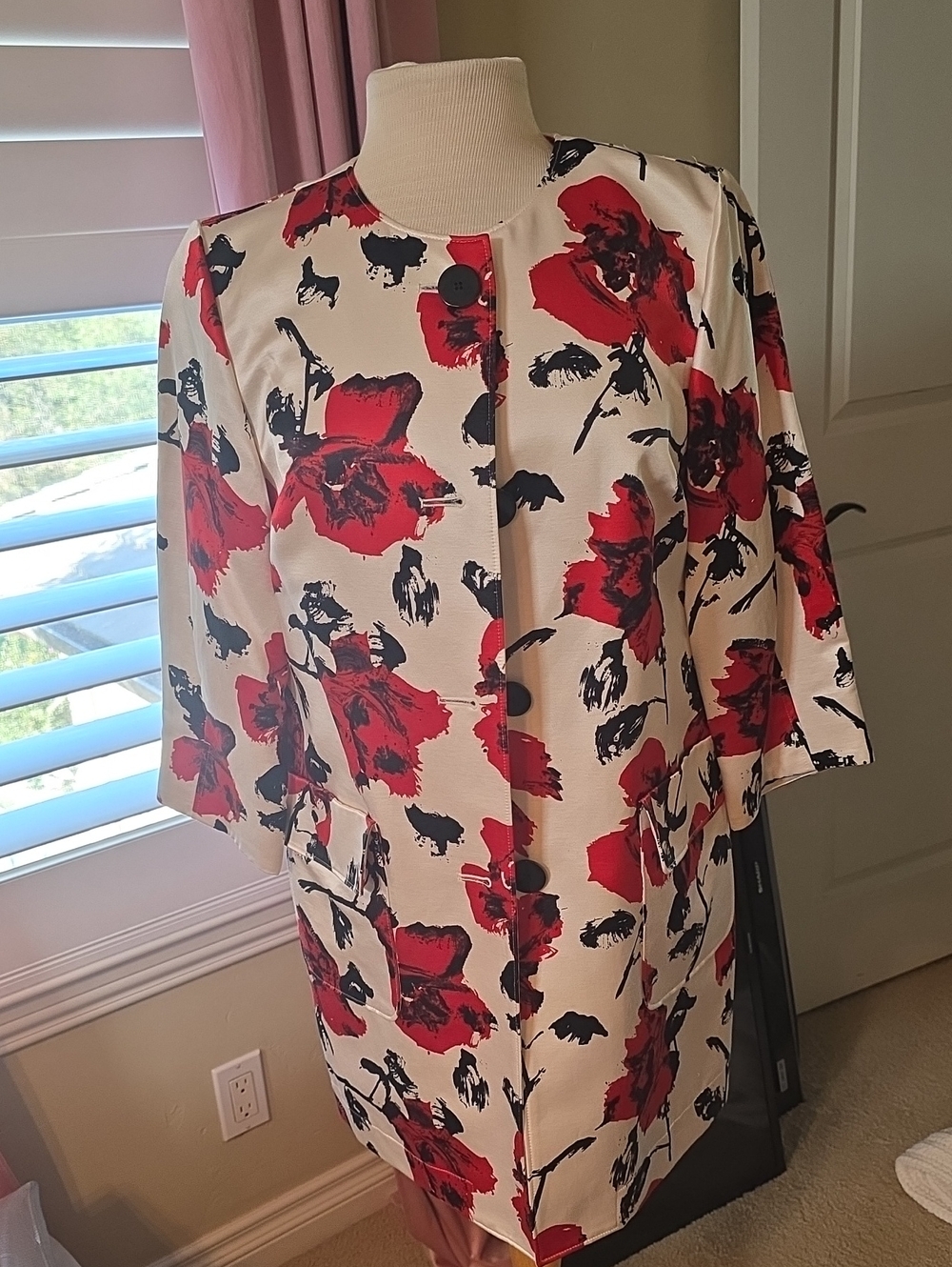 Jones New York Womens Cream Red Floral Button-Front Coat